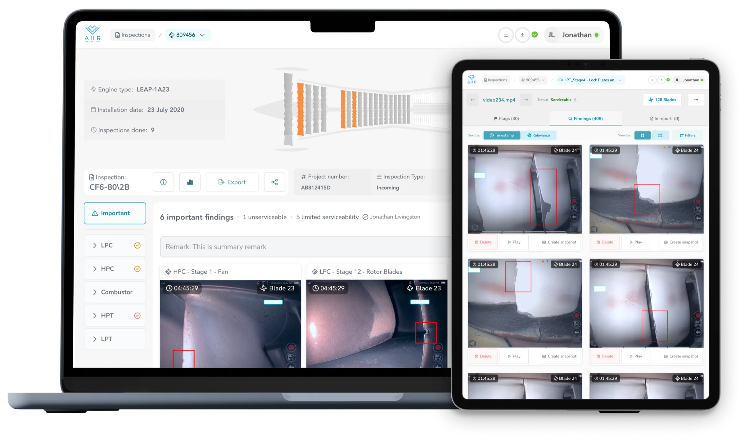Aiir inspection overview — laptop and tablet mockups side by side
