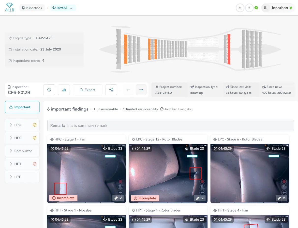 Redesigned inspection overview in completed read-only mode — engine schematic at top, sticky action bar, sidebar with Important tab active, aggregated finding grid sorted by severity