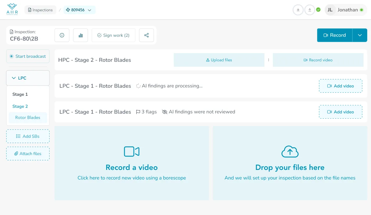 Inspection overview showing three collapsed row states: empty with upload and record CTAs, AI findings processing, and not reviewed with flag count