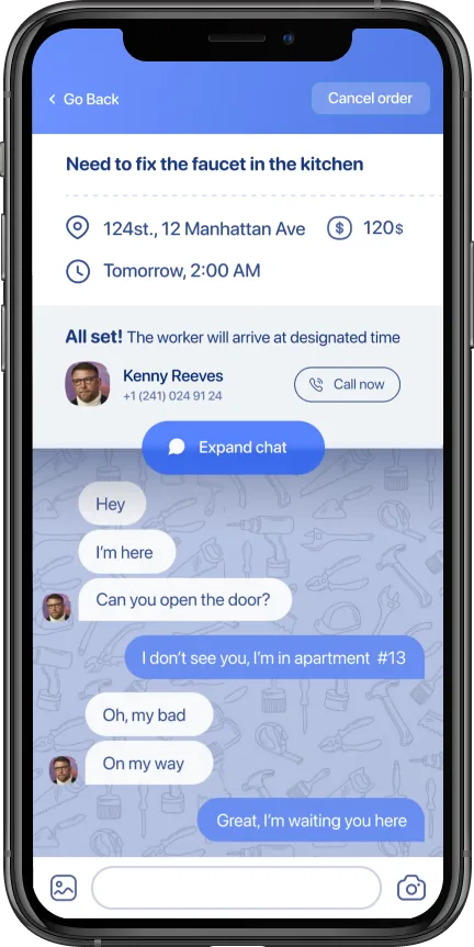 Order detail screen with inline chat — order details pinned at top, status bar with call and expand actions, chat thread below
