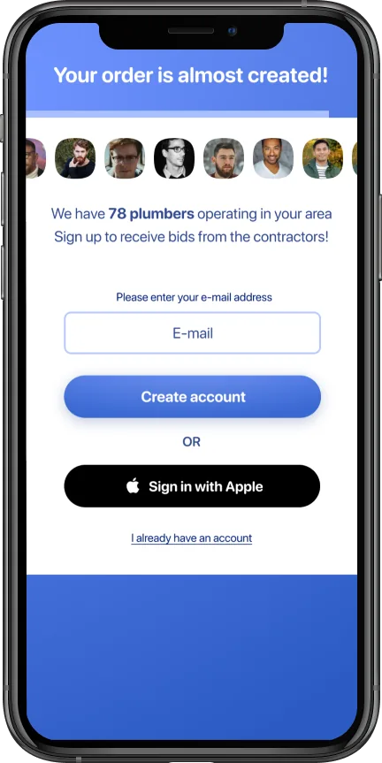 Customer registration — 'Your order is almost created' with progress bar, specialist carousel, and contractor count