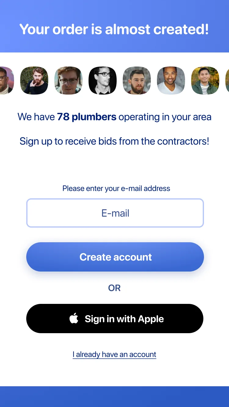 Your order is almost created — signup wall with social proof