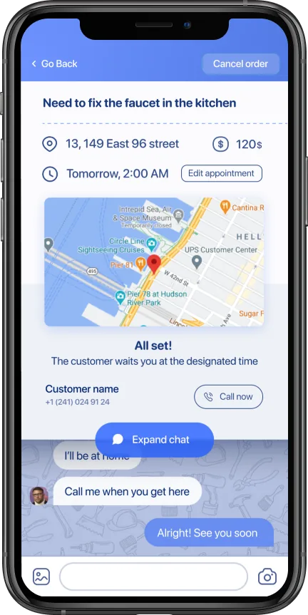 Specialist's order detail screen — large tappable map preview at the top opens maps app pre-filled with the destination