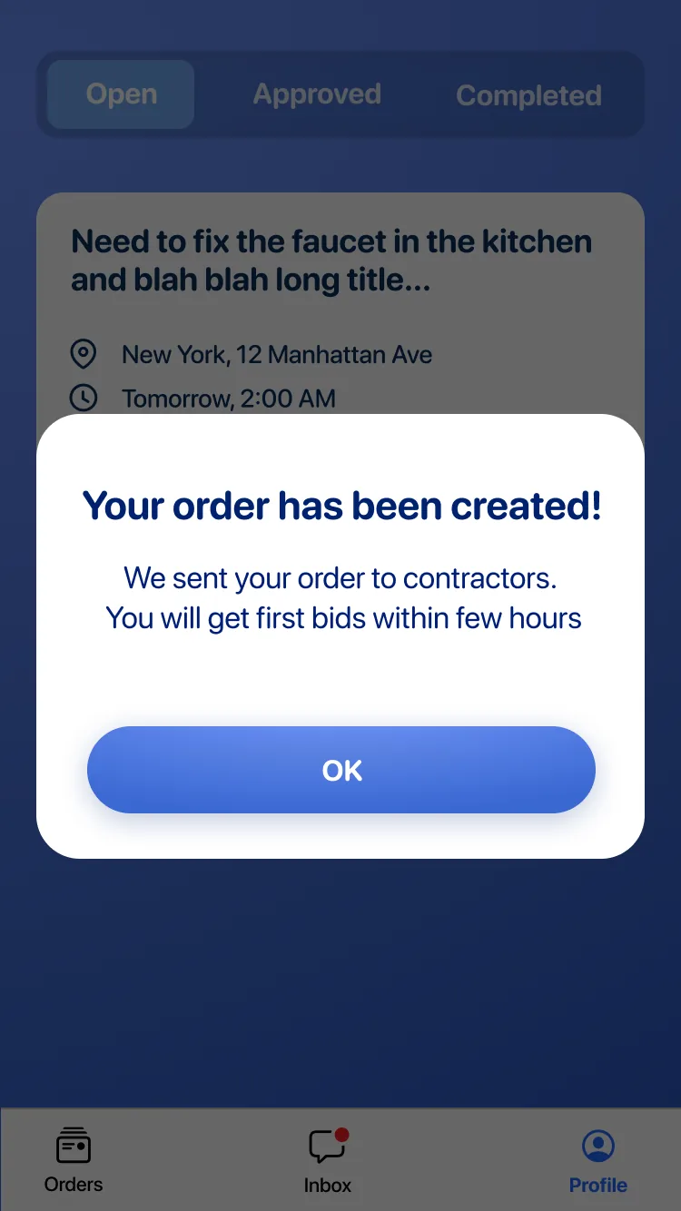 Orders list — post-creation view