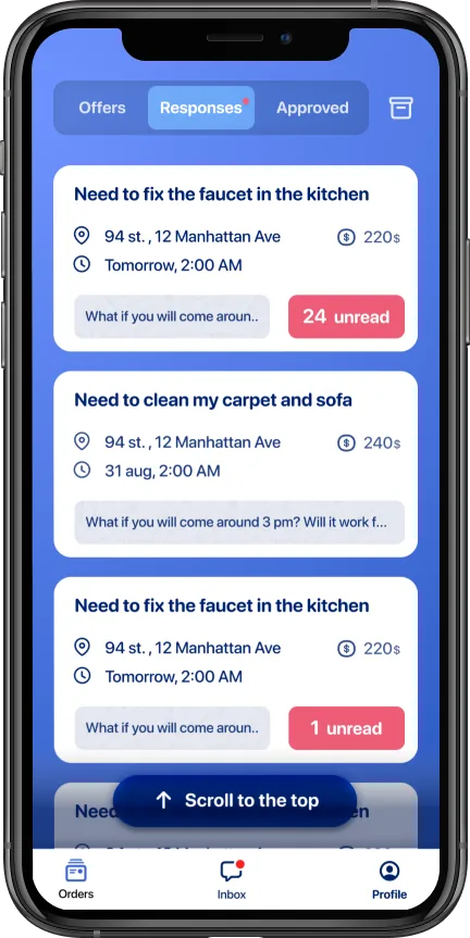 Specialist order list with message previews on cards — unread badges and inline last messages