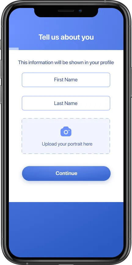 Specialist onboarding step 1 — name and portrait photo