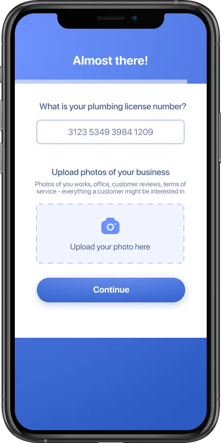 Specialist onboarding step 2 — license number and business photos