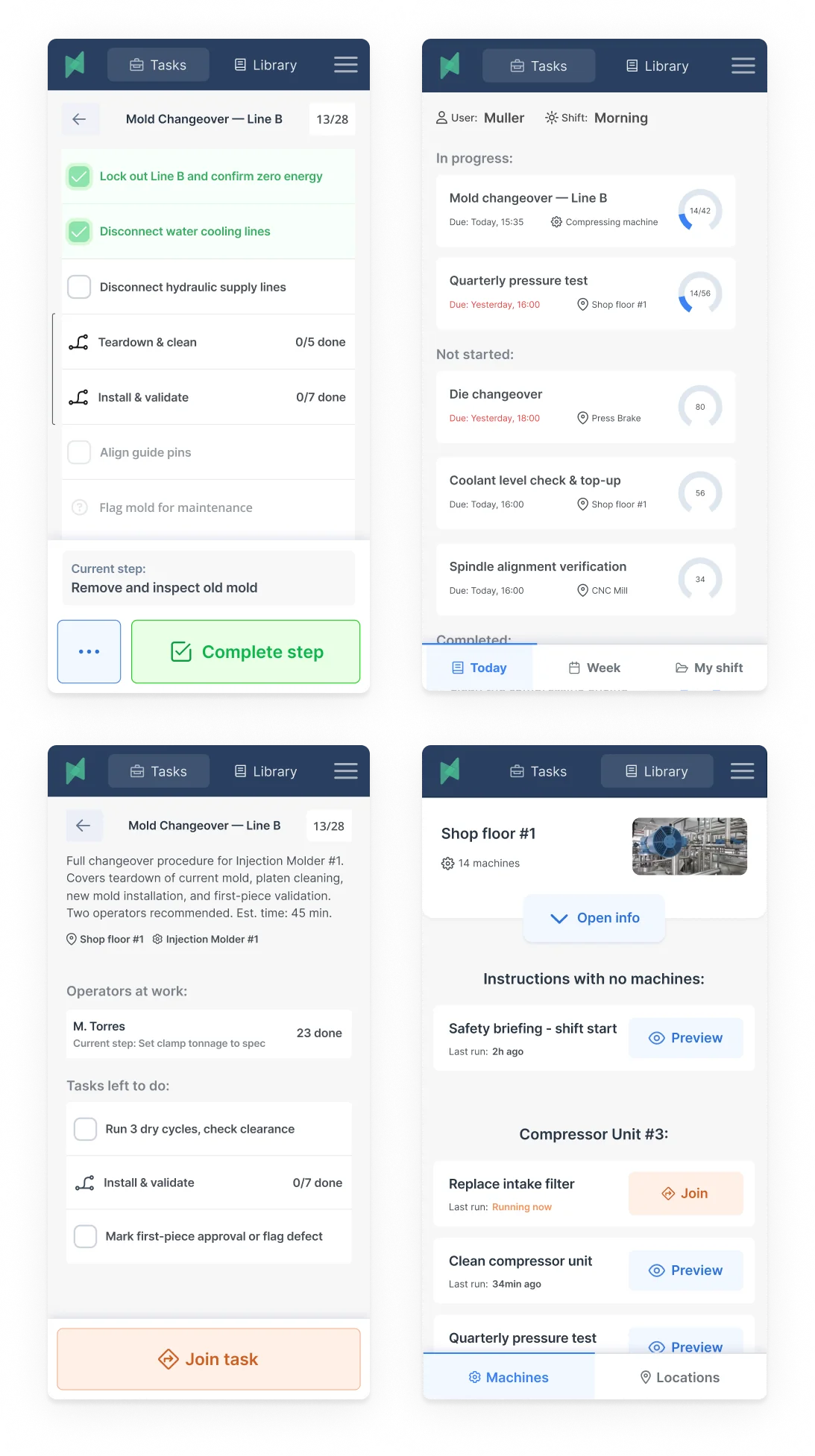 Stryza v2 operator app — task checklist, shift overview, and instruction details on mobile